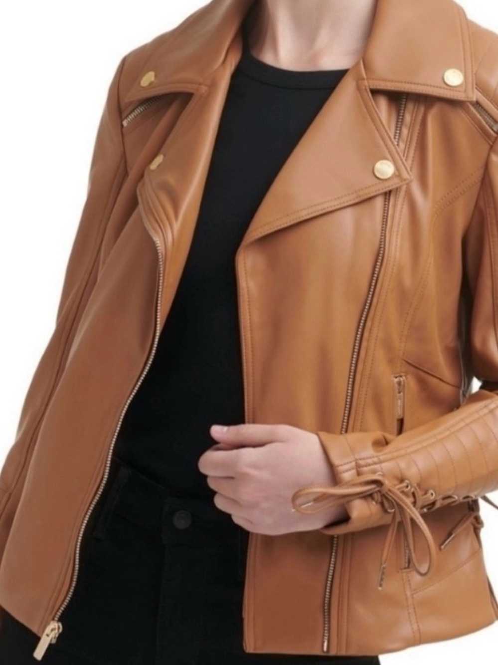 GUESS Women’s Small Cognac Faux Leather Moto Jacket Lace-Up Gold Hardware